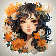 Portrait of a beautiful woman with long dark hair surrounded by orange and white flowers.