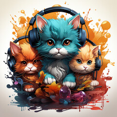 Three adorable kittens with headphones listening to music, surrounded by colorful abstract paint splatters and autumn leaves.
