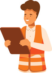 Warehouse worker wearing an orange safety vest holding a clipboard