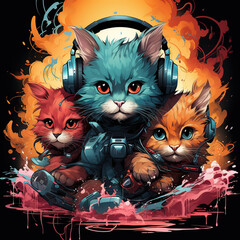 Three cartoon cats in a video game setting with headphones.