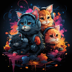 Three cute cats wearing headphones against a colorful background.