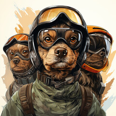 Three dogs wearing motorcycle helmets and goggles looking at the camera.