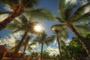 Fototapeta premium Palm trees and a bright blue sky with a sun.