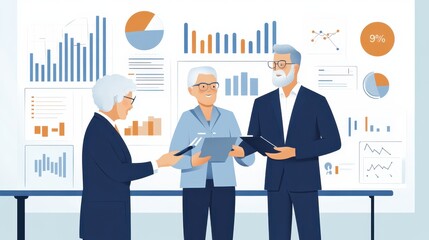 Fototapeta premium A financial advisor engages with clients, reviewing financial graphs and charts in a contemporary office environment