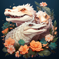 Three white alligators with orange and white flowers on a dark blue background.