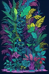 Two black cats are hidden in a dense jungle of neon-colored plants with a deep blue background.