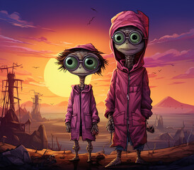 Two cartoon alien characters in pink hooded jackets stand on a rocky beach at sunset, looking out at a desolate landscape.