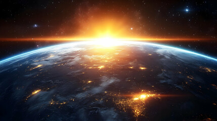Fototapeta premium Stunning view of the Earth from space with city lights and a bright sunrise.