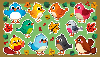 sticker set, different cute funny cartoon birds