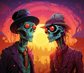 Two cartoon skeletons in suits and hats with glowing red eyes stand in front of a sunset backdrop.