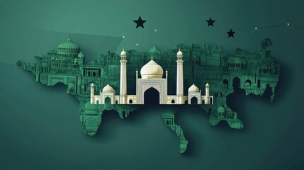 Pakistan day. Monuments of Pakistan isolated on Pakistan map. 14 August, 23 march, 25 December, 9 November, Map background, best for use at any event of Pakistan and for commercial purposes.
