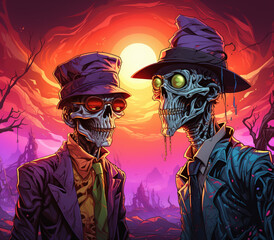 Two cartoon skeletons in suits and hats, one with sunglasses, one with a wide-brimmed hat, against a sunset sky and ominous background.