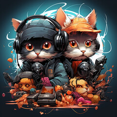 Two cute cartoon cats wearing headphones and jackets, sitting on a pile of colourful objects.