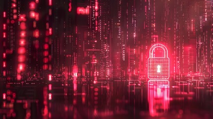 hologram of a padlock between encrypted data, data security illustration