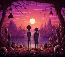 Two figures stand silhouetted against a surreal landscape with a bright orange sun setting behind a purple sky, surrounded by a range of strange, bioluminescent, plant-like forms.