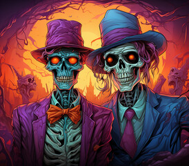 Two skeletons dressed in suits and hats, with glowing eyes, standing in front of a spooky background.
