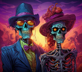 Two skeletons in formal attire, one male wearing sunglasses and a hat, and one female wearing a large hat. They are smiling.  The background is a sunset landscape with other skeletons.