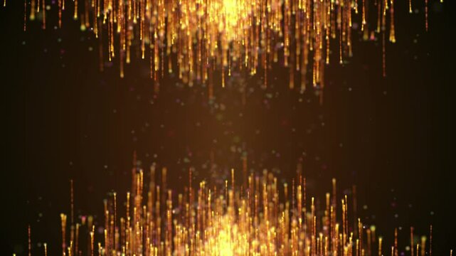 Christmas golden glittering waterfall particles background - decoration, luxury, new year, abstract light lines effect video loop framed background