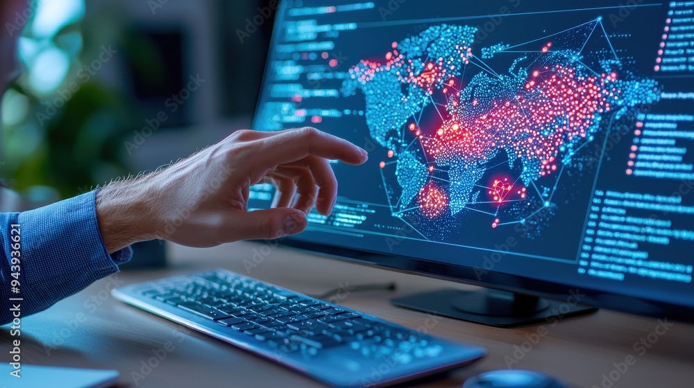 Poster a person interacting with a digital world map on a computer screen, showcasing data visualization an