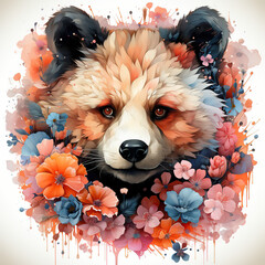 Watercolor illustration of a bear's head surrounded by colorful flowers.