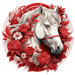 White horse head surrounded by red roses and white flowers in a circle with red and white background.