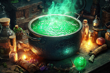 A mesmerizing scene of a bubbling cauldron filled with vibrant green potion, surrounded by magical ingredients and glowing lights.