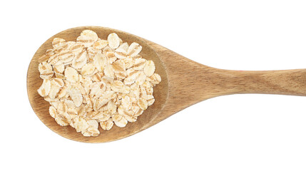 Barley flakes, pile in wooden spoon isolated on white background, top view