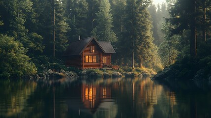 Obraz premium A rustic cabin nestled in the heart of an ancient forest, surrounded by towering pines and reflecting on crystal-clear waters. The focus is on the face of the cabin, which appears weathered and worn