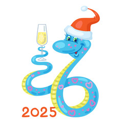 Funny snake - symbol of chinese New Year in a Santa hat with glass of wine. Greeting card 2025. Isolated on white background. Vector illustration. 