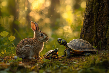 Naklejka premium A Heartwarming Encounter Between a Wild Rabbit and Turtles in a Radiant Forest Setting full of Life and Light.