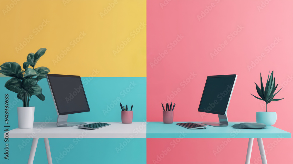Poster two computer monitors sit on a desk in front of a colorful wall