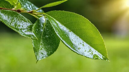 Close-up of green leaves with water droplets, reflecting sunlight, showcasing nature's beauty and freshness in a serene environment.