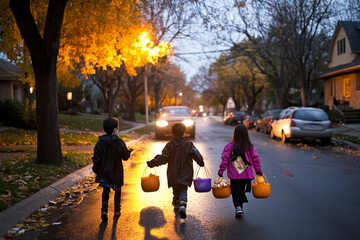 children trick or treating in costumes, holding pumpkin baskets, and walking down a decorated neighborhood street at dusk