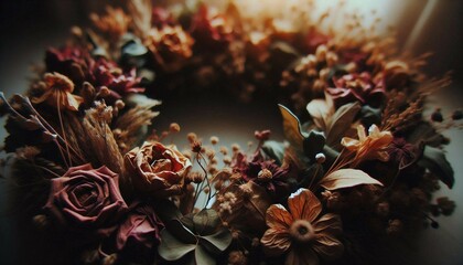A close-up view of a floral wreath made of various dried flowers and leaves, showcasing muted colors that evoke a vintage and aesthetic charm.