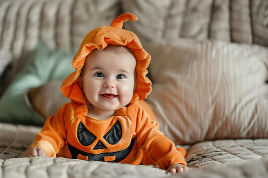 Baby dressed as a Pumpkin enjoying Halloween night with adorable Jack O'lantern costume for trick or treating fun