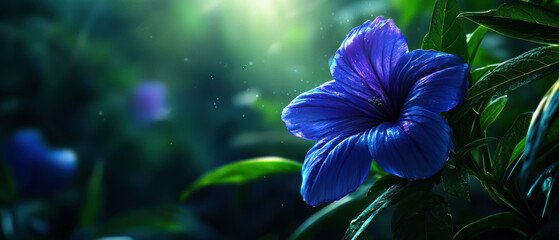Vibrant Blue Flower in Sunlit Garden with Lush Green Foliage and Dew Drops