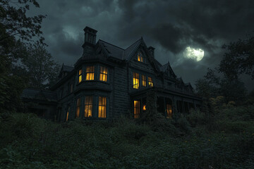 a haunted house at night, with dark clouds, a full moon, and glowing windows, creating a chilling and mysterious atmosphere