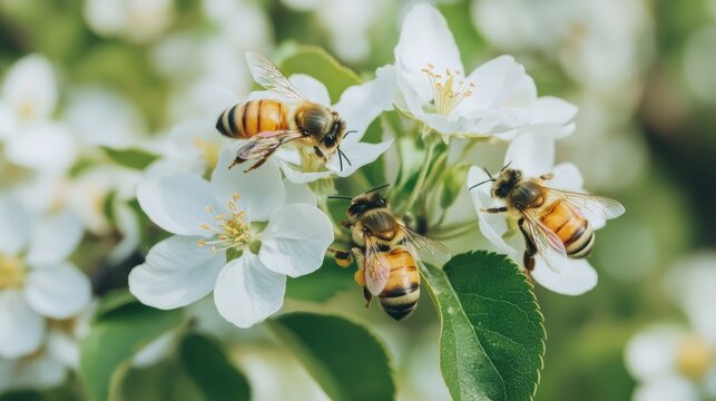 Close-up of bees pollinating flowers in an apple orchard during spring