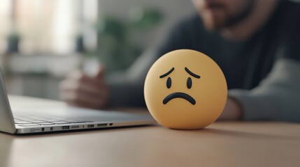 A sad emoji ball sits beside a laptop, reflecting feelings of disappointment and frustration in a work or study environment.