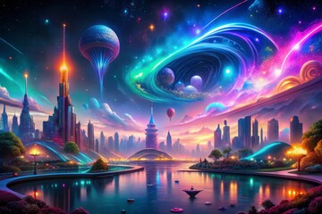 Obraz premium Neon Dreamscapes: Glowing skylines, swirling colors, otherworldly creatures, dreamlike quality.