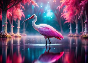 Neon Dreams in Pink: Electric shades of pink saturate the entire image, highlighting the vibrant plumage of a roseate spoonbill in an otherworldly setting.