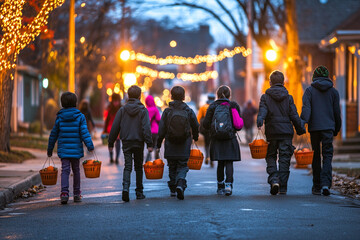 children trick-or-treating in costumes, holding pumpkin baskets, and walking down a decorated neighborhood street at dusk