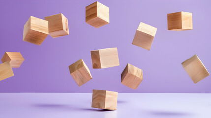 Obraz premium Wooden blocks of geometric shapes levitating over violet background