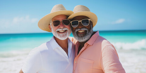 Two men are smiling and posing for a picture on a beach. They are wearing hats and sunglasses, and one of them is wearing a pink shirt. Scene is cheerful and relaxed