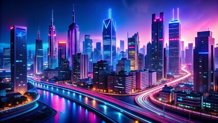 Fototapeta premium Neon Night City: Urban landscapes illuminated by glowing neon lights and vibrant cityscapes.