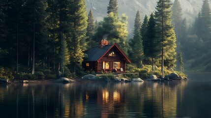 A rustic cabin nestled in the heart of an ancient forest, surrounded by towering pines and reflecting on crystal-clear waters. The focus is on the face of the cabin, which appears weathered and worn