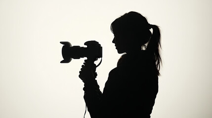 Silhouette of a female indie filmmaker, online content creator, or casting director holding a camera and microphone, set against a white background. 