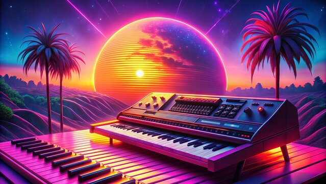 Nostalgic Electro Pop Symphony: Vintage synths, upbeat melodies, retro aesthetic, pink and neon hues