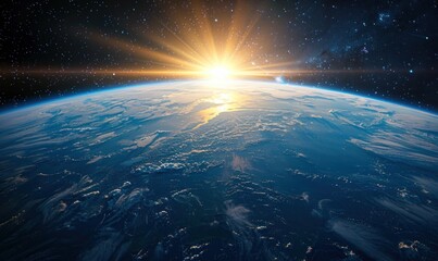 Obraz premium A panoramic view of Earth from space, with the sun rising on one side and stars in dark blue sky