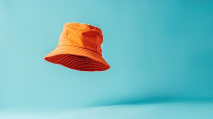 A orange bucket hat floats alone on a blue background